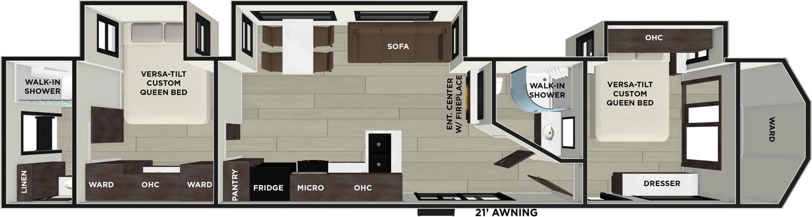 The Wildwood Lodge 42DMS floorplan has two entries and three slide outs. Exterior features include: fiberglass exterior and 21' awning. Interiors features include: free-standing dinette option, front bedroom, two bedrooms, rear bathroom and two full bathrooms.